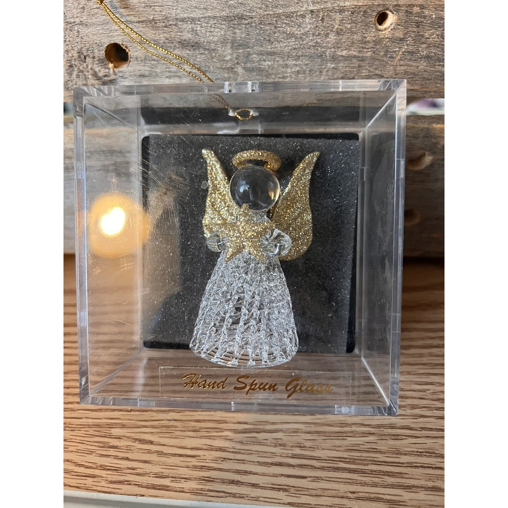 Glass Angel with Golden Wings Hand Spun Unique Treasure Vintage Sparkly Glittery